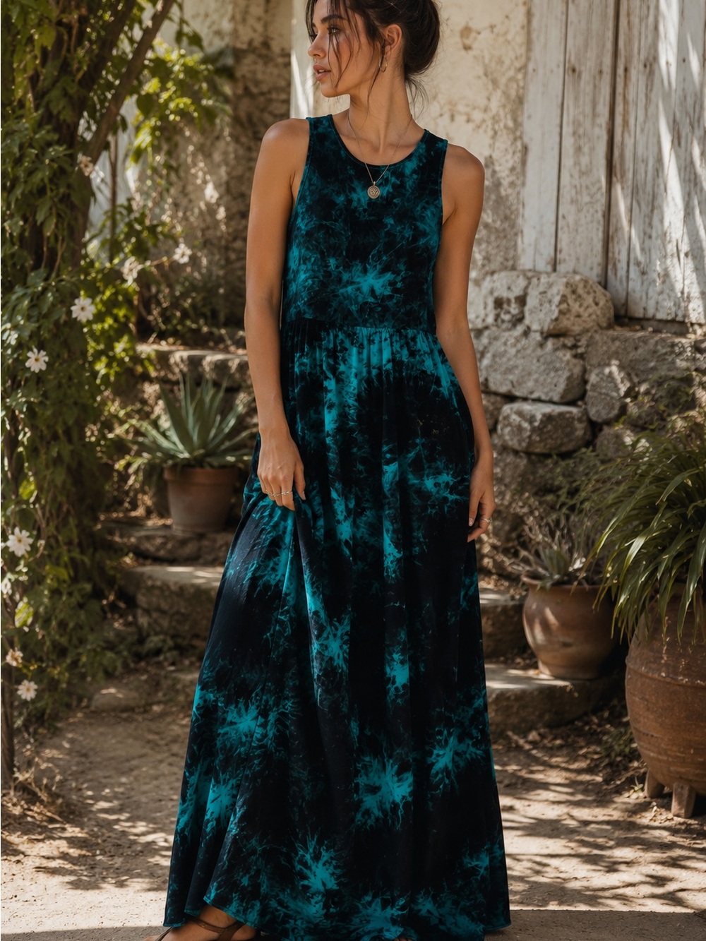 Sleeveless Teal Tie-Dye Maxi Dress